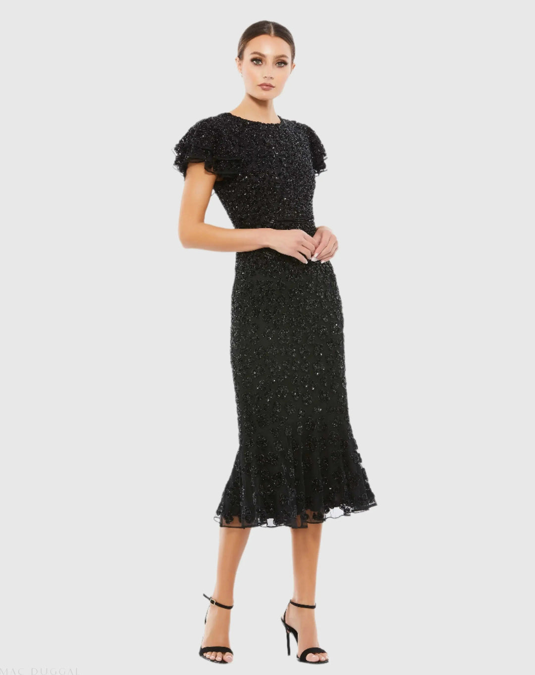 Mac Duggal 10771 Hand Beaded Flounce Sleeve Midi Dress