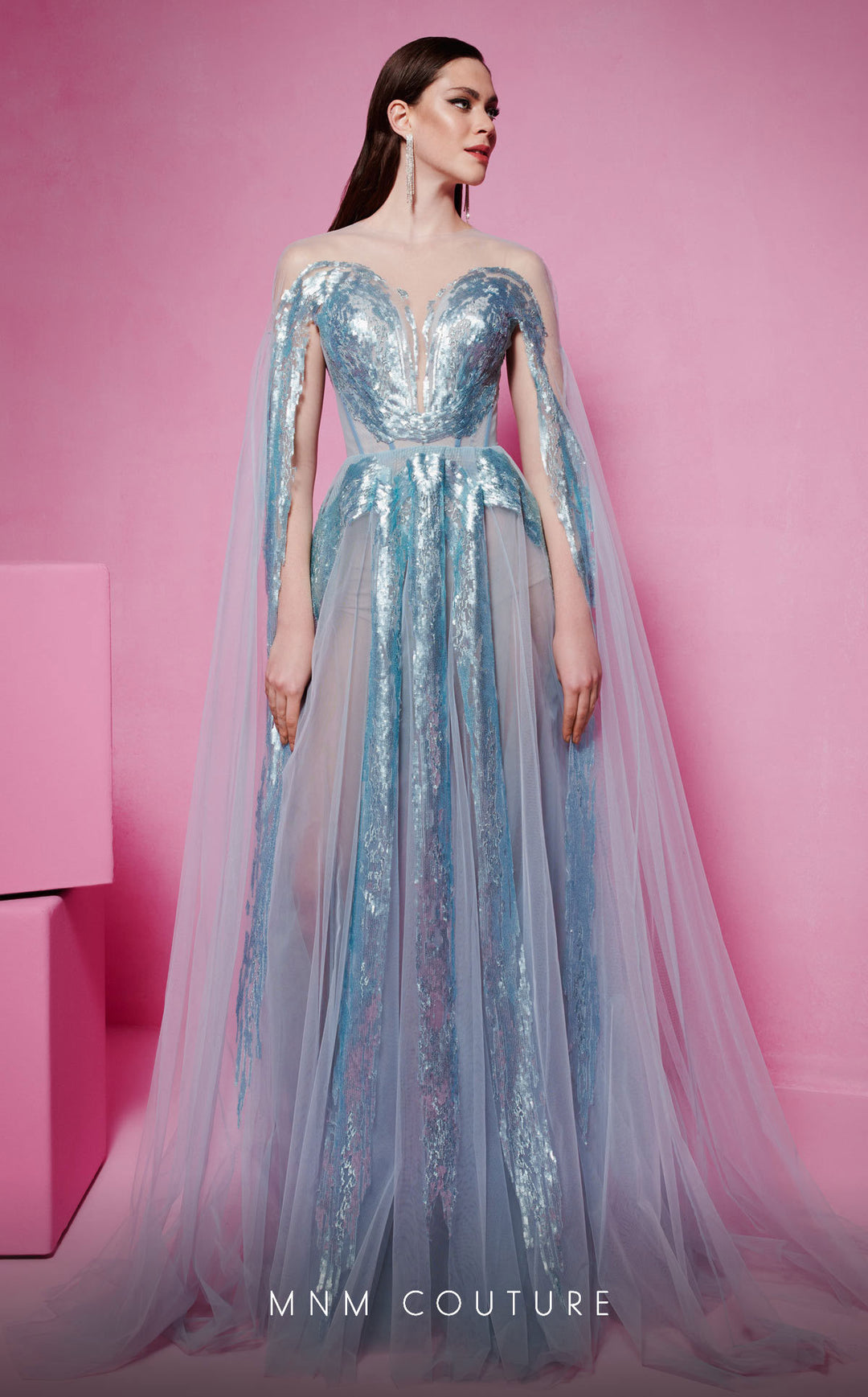 MNM Couture E0070 illusion high-neck embellished A-line gown front view