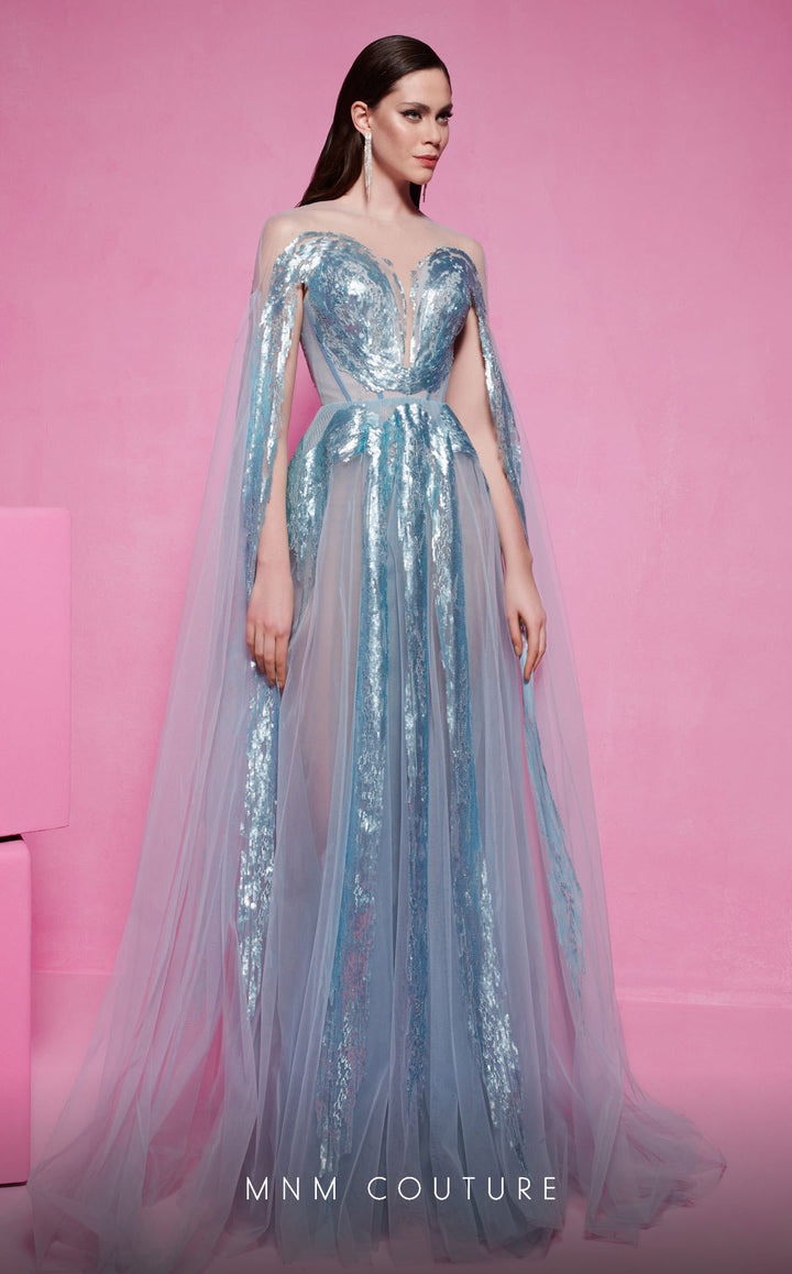 MNM Couture E0070 illusion high-neck embellished A-line gown three-quarter front view