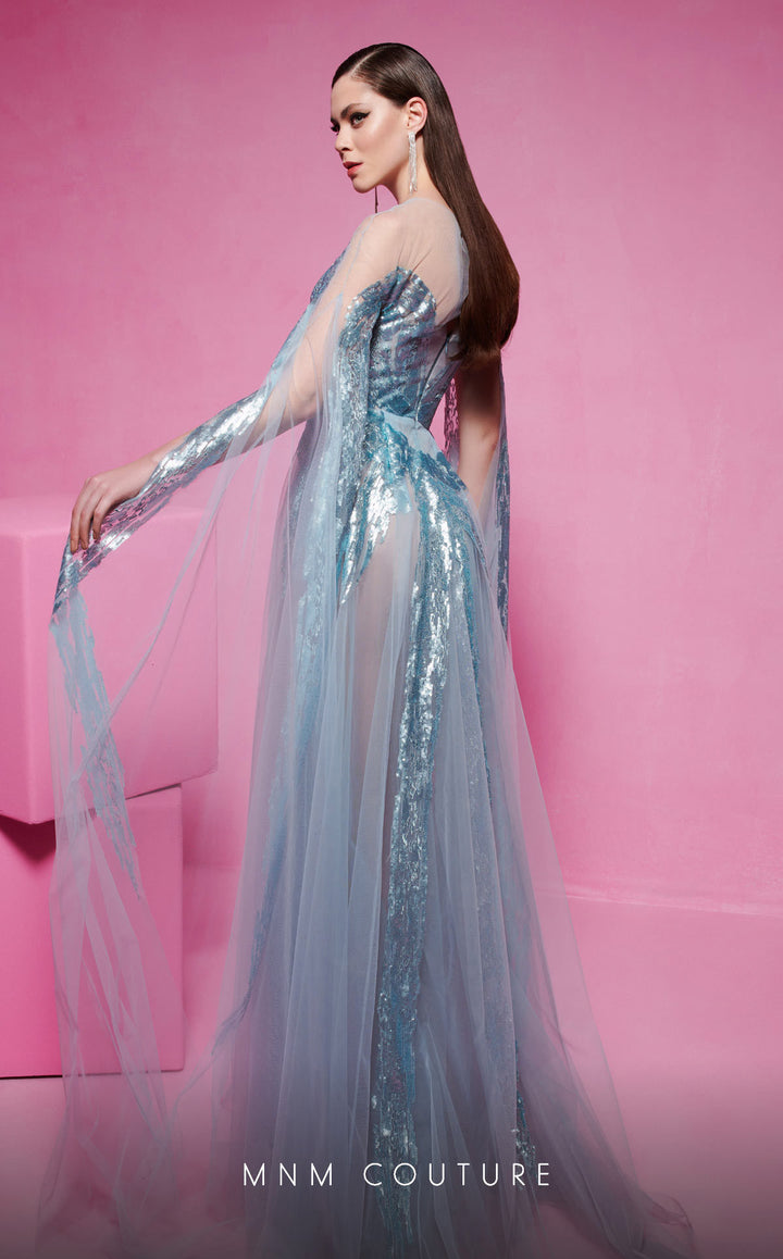 MNM Couture E0070 illusion high-neck embellished A-line gown side view