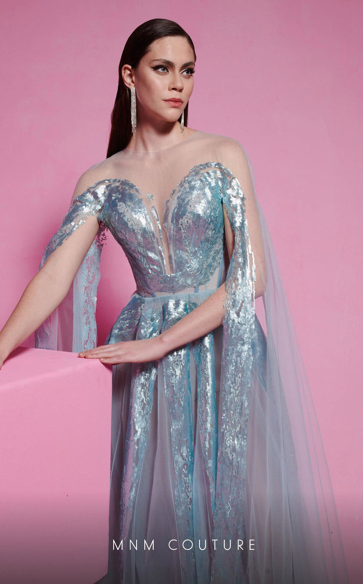 MNM Couture E0070 illusion high-neck embellished A-line gown bodice detail