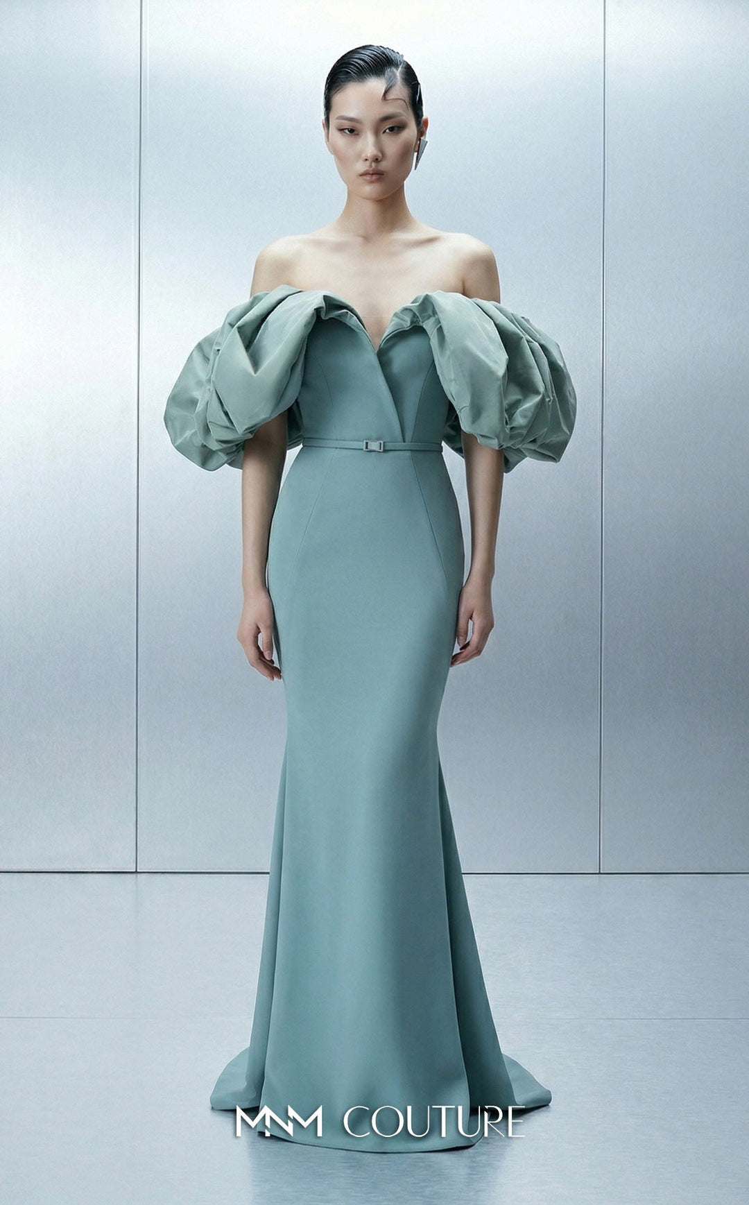 MNM Couture Style E0165 Luxurious Crepe Gown with Puffy Taffeta Sleeves - FOSTANI.com