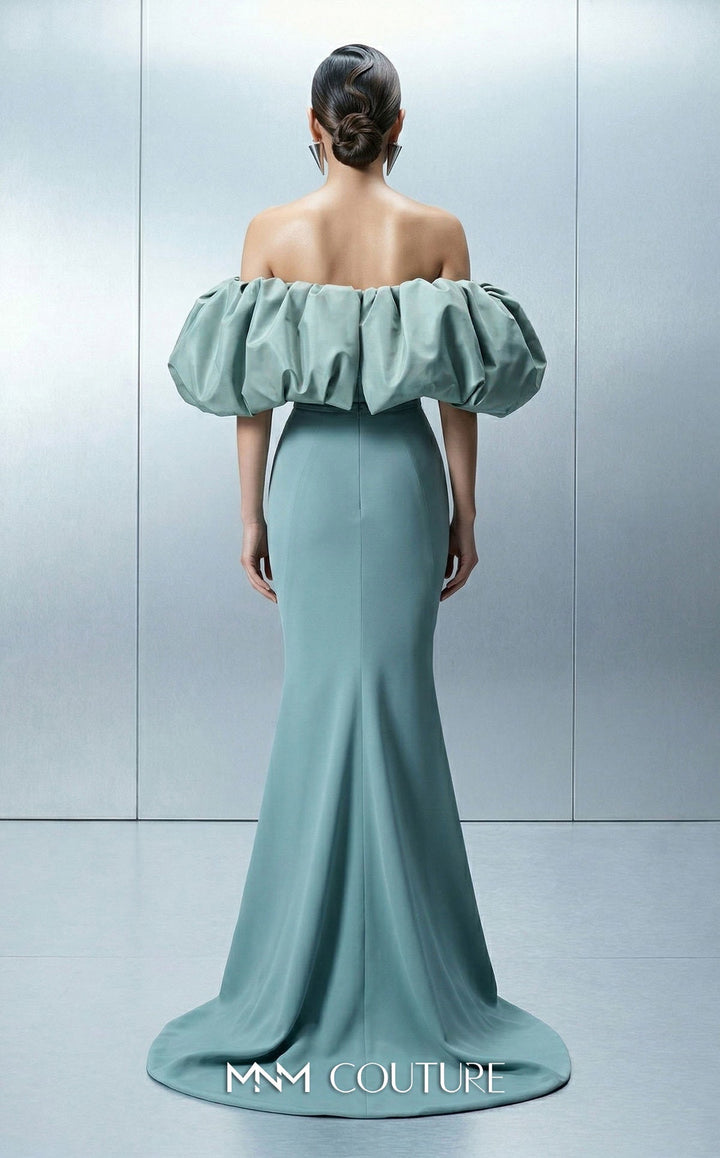 MNM Couture Style E0165 Luxurious Crepe Gown with Puffy Taffeta Sleeves - FOSTANI.com