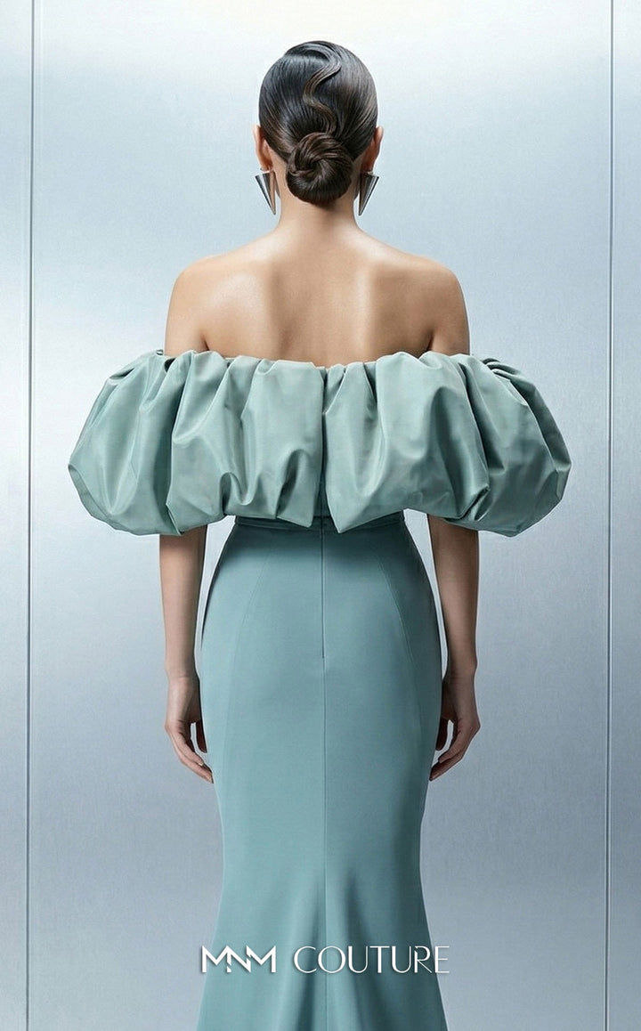 MNM Couture Style E0165 Luxurious Crepe Gown with Puffy Taffeta Sleeves - FOSTANI.com