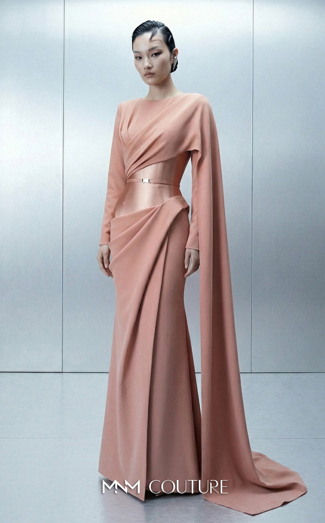 MNM Couture Style E0166 Exclusive Asymmetrical Close-Neck Crepe Gown - FOSTANI.com