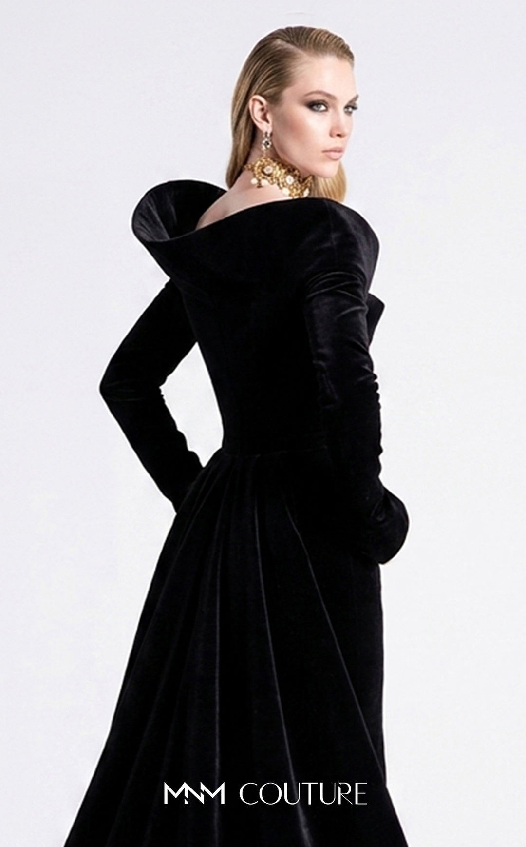 Fouad Sarkis F02910B evening gown, three-quarter view