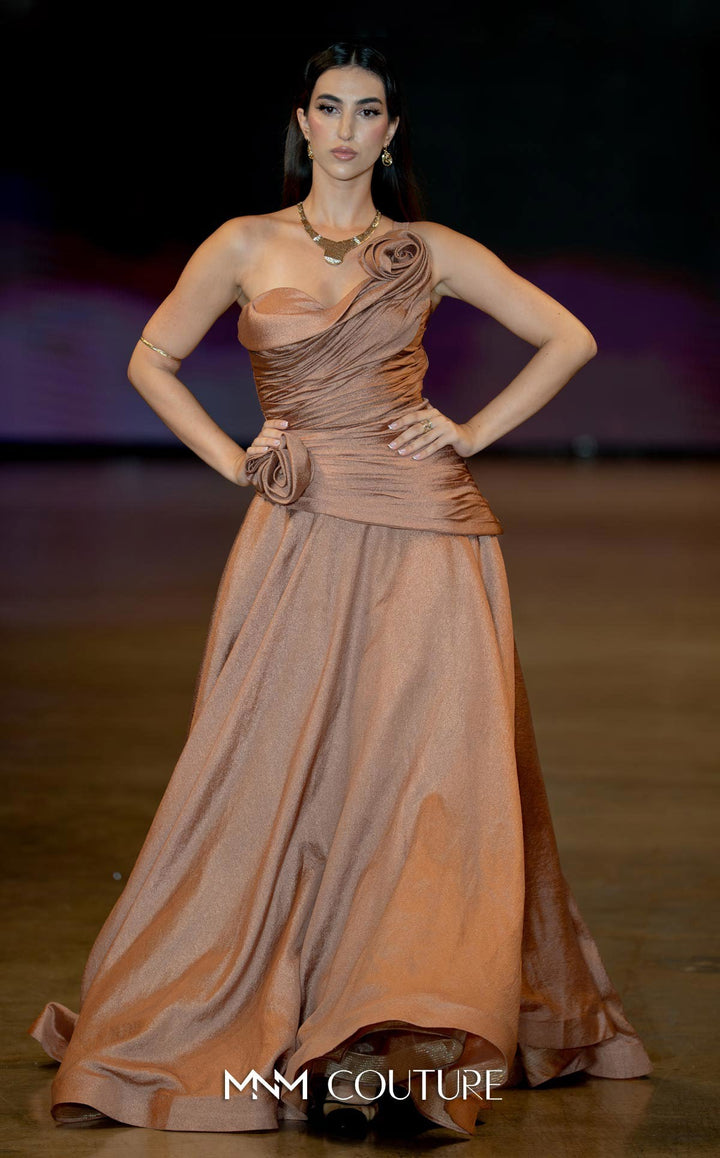 Fouad Sarkis F02923 one-shoulder ruched sweetheart A-line gown with 3D rosettes runway view in a second alternate colorway