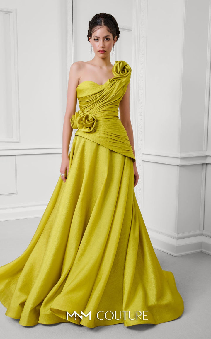 Fouad Sarkis F02923 one-shoulder ruched sweetheart A-line gown with 3D rosettes front view