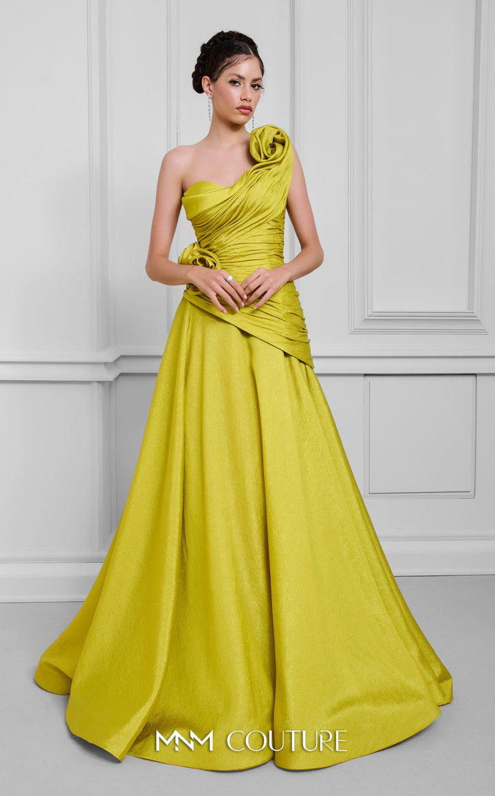 Fouad Sarkis F02923 one-shoulder ruched sweetheart A-line gown with 3D rosettes three-quarter view