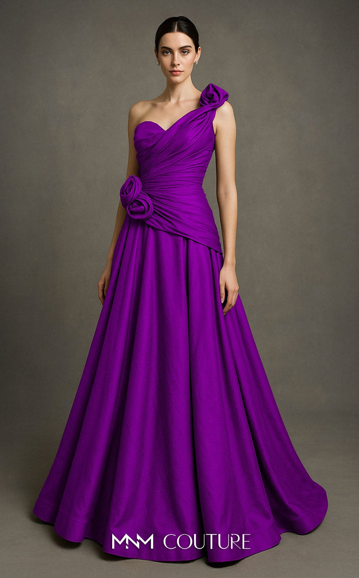 Fouad Sarkis F02923 one-shoulder ruched sweetheart A-line gown with 3D rosettes front view in an alternate colorway