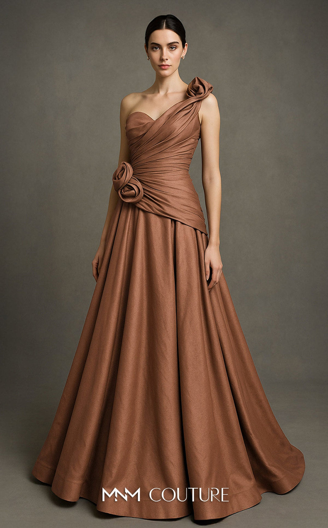 Fouad Sarkis F02923 one-shoulder ruched sweetheart A-line gown with 3D rosettes front view in a second alternate colorway