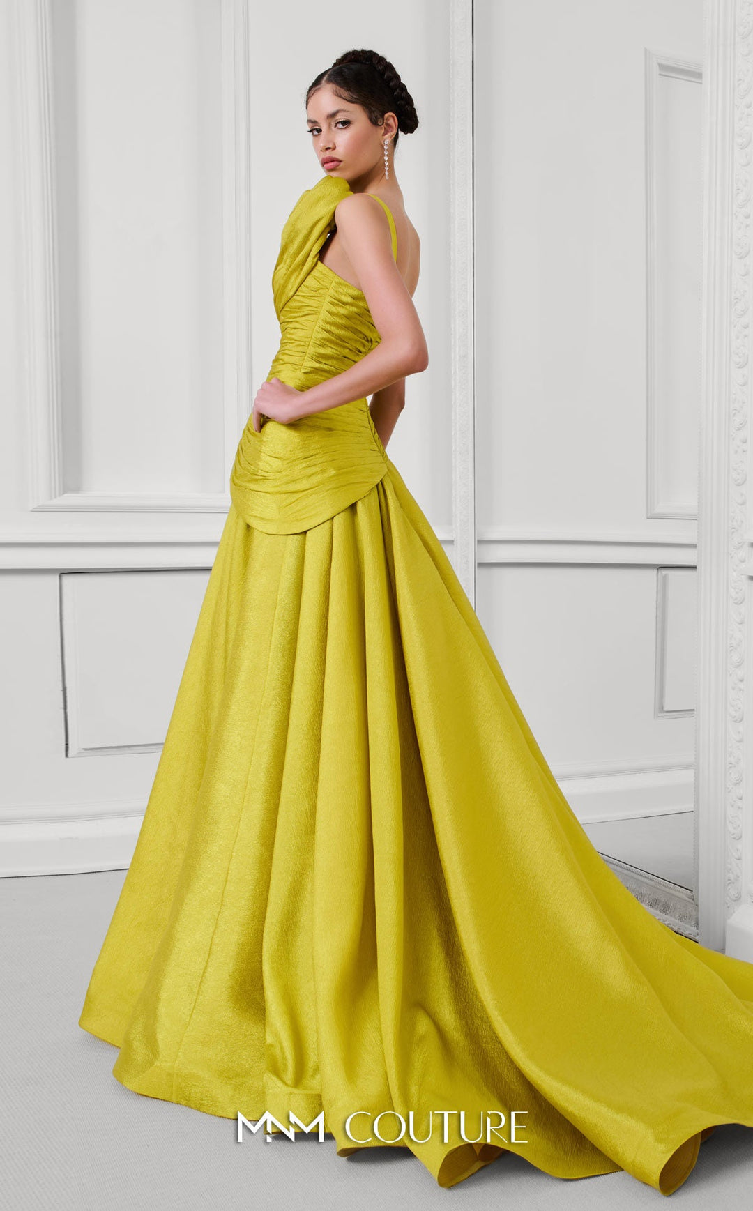 Fouad Sarkis F02923 one-shoulder ruched sweetheart A-line gown with 3D rosettes back three-quarter view