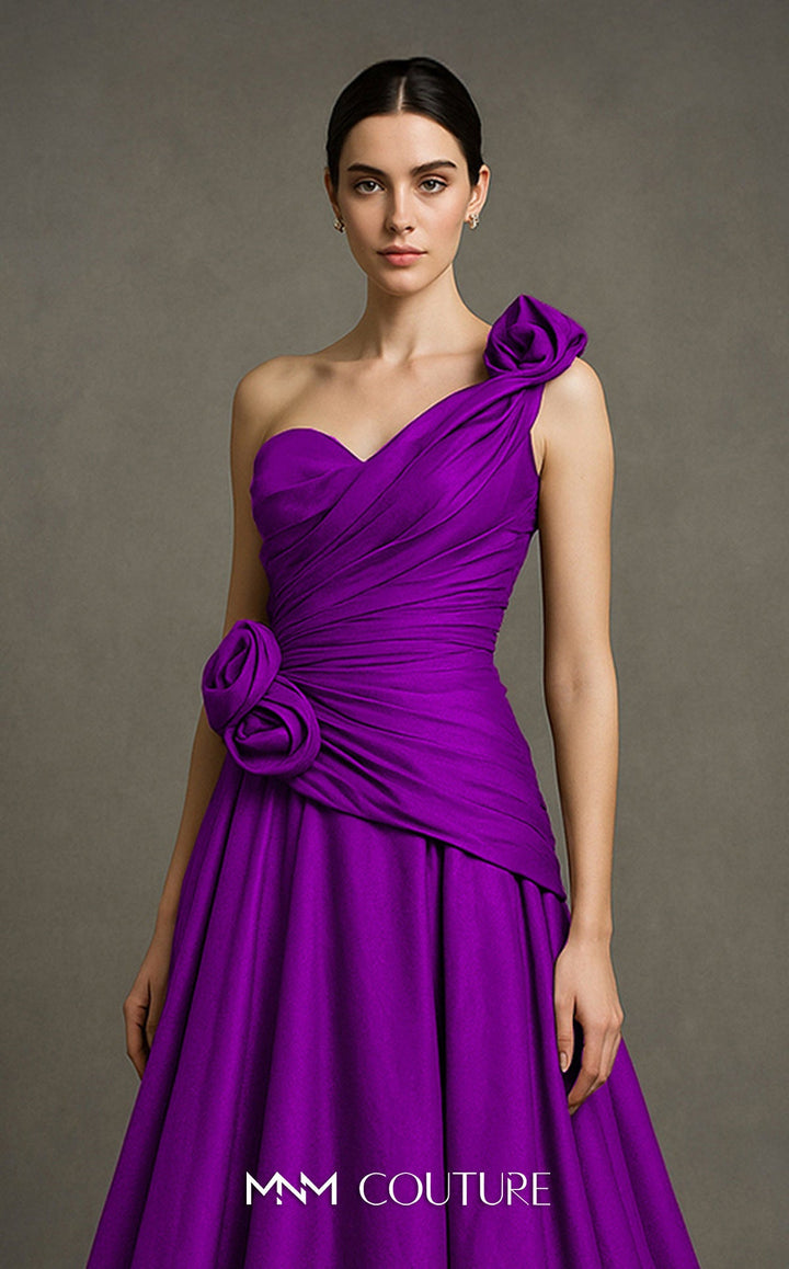 Fouad Sarkis F02923 one-shoulder ruched sweetheart A-line gown with 3D rosettes bodice detail in an alternate colorway