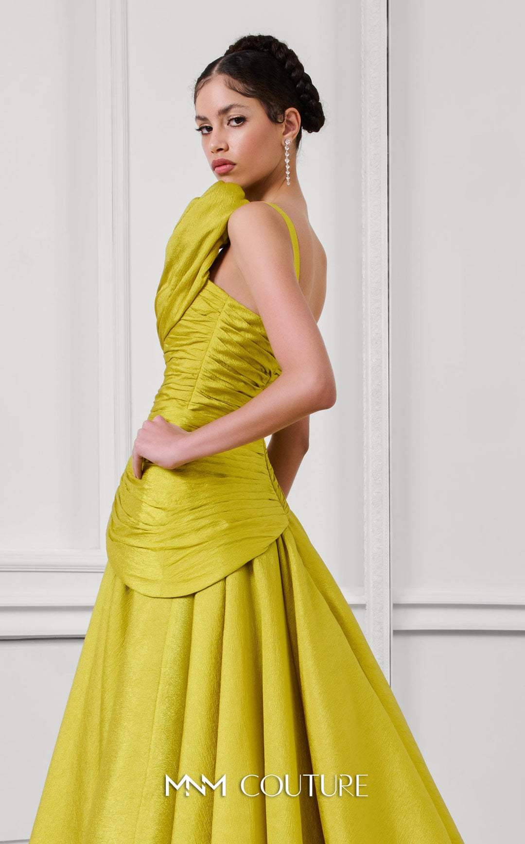 Fouad Sarkis F02923 one-shoulder ruched sweetheart A-line gown with 3D rosettes back detail