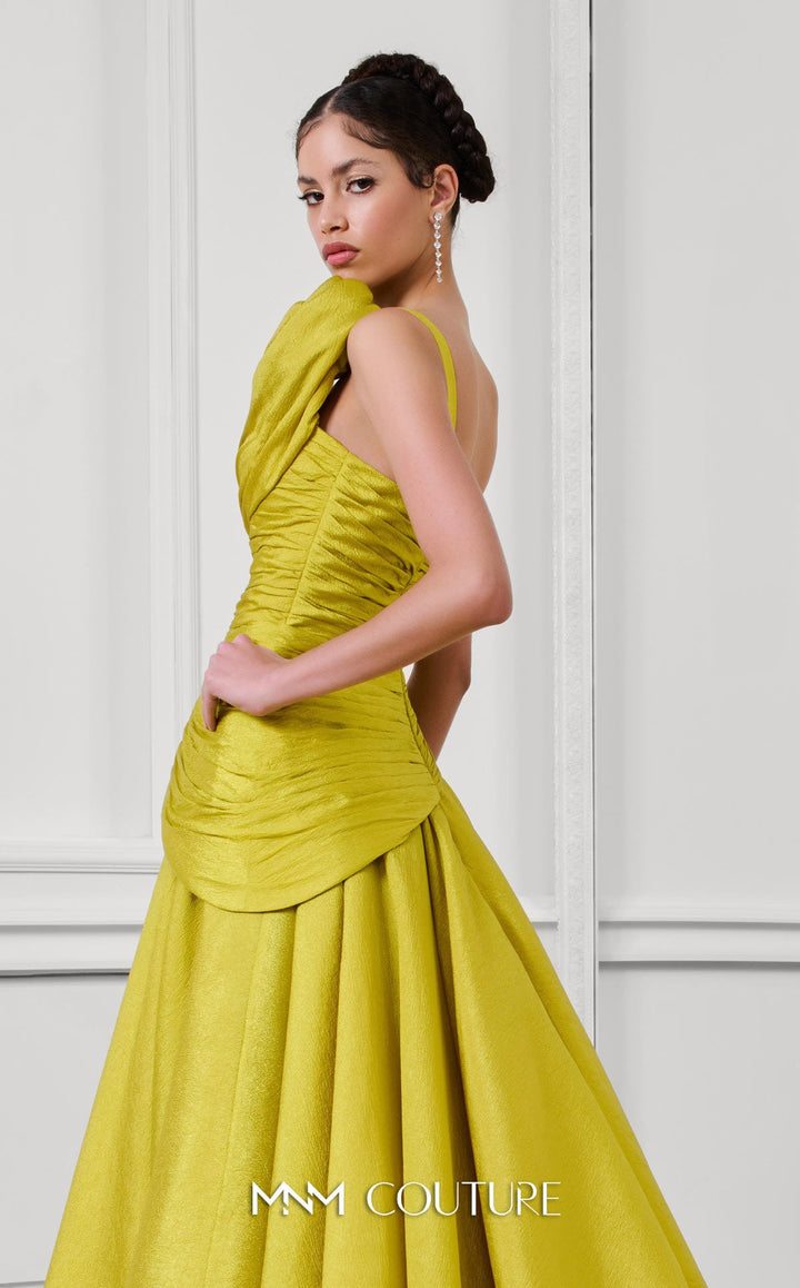 Fouad Sarkis F02923 one-shoulder ruched sweetheart A-line gown with 3D rosettes back detail