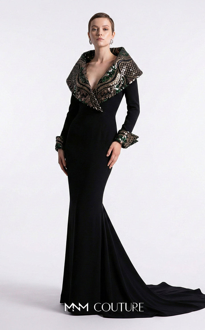 Fouad Sarkis F03019 V-Neckline Long Sleeves Mermaid Couture Dress