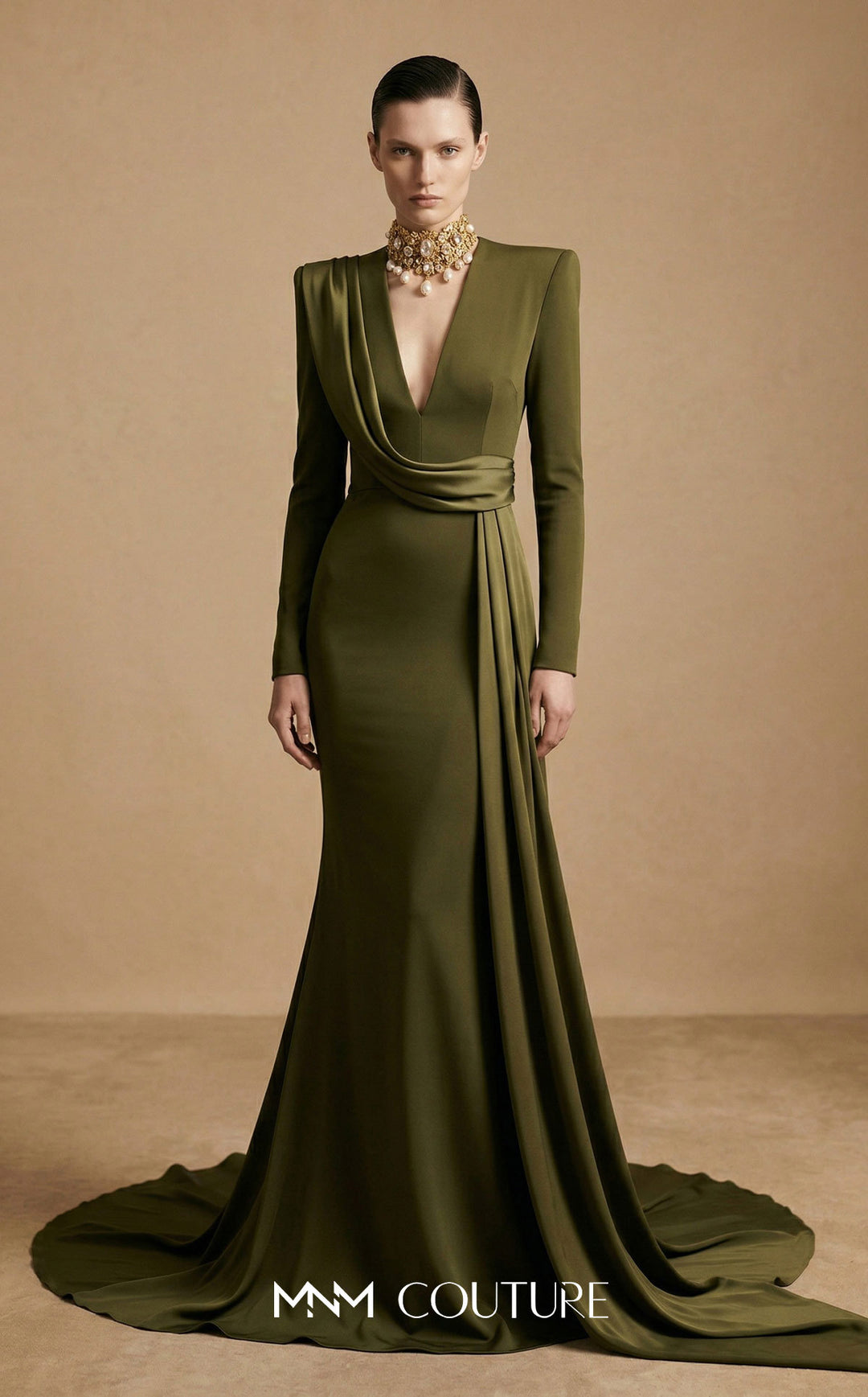 Fouad Sarkis F03046 draped sash mermaid evening gown