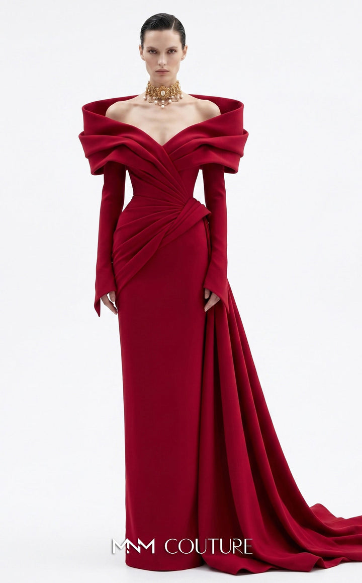 Fouad Sarkis F03049 Open V-Shape Fitted Sleeves Sheath Couture Dress