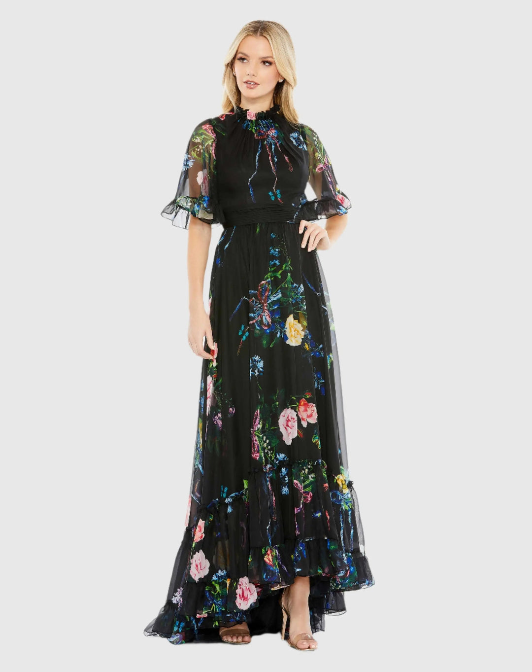 Mac Duggal 68230 Floral Print Ruffled High Neck Flutter Sleeve Gown