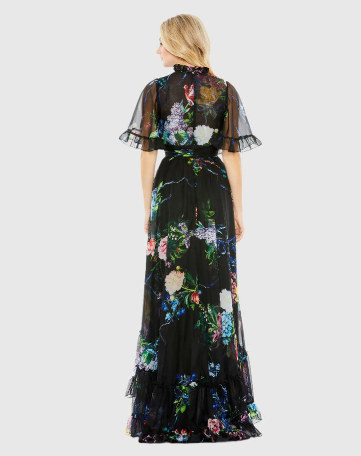 Mac Duggal 68230 Floral Print Ruffled High Neck Flutter Sleeve Gown