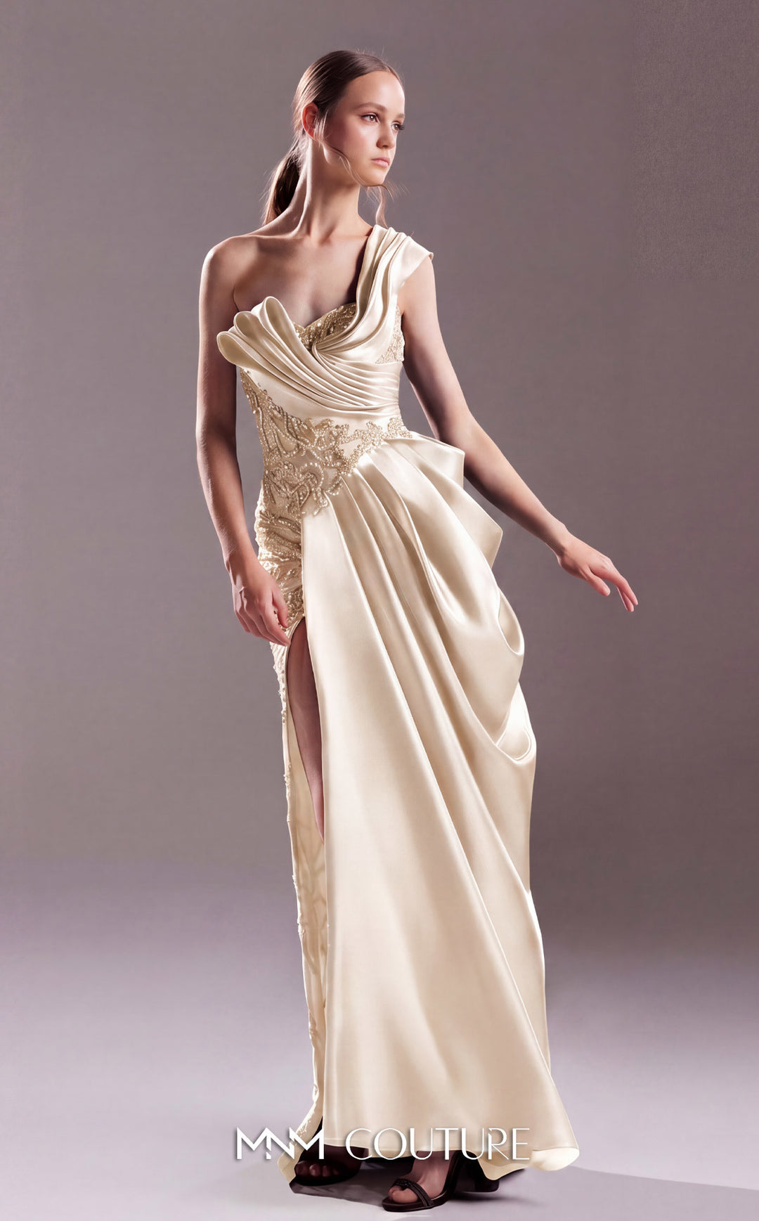 Gaby Charbachy G1527 one-shoulder embellished column gown front view in an alternate colorway