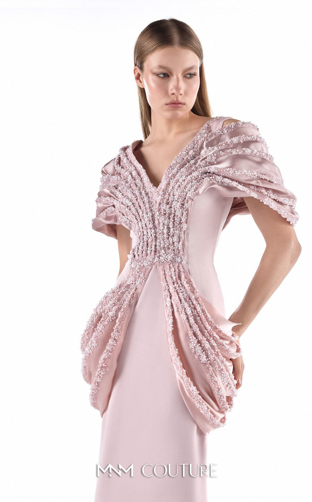 Gaby Charbachy G2204 couture gown, beaded V-neck bodice detail