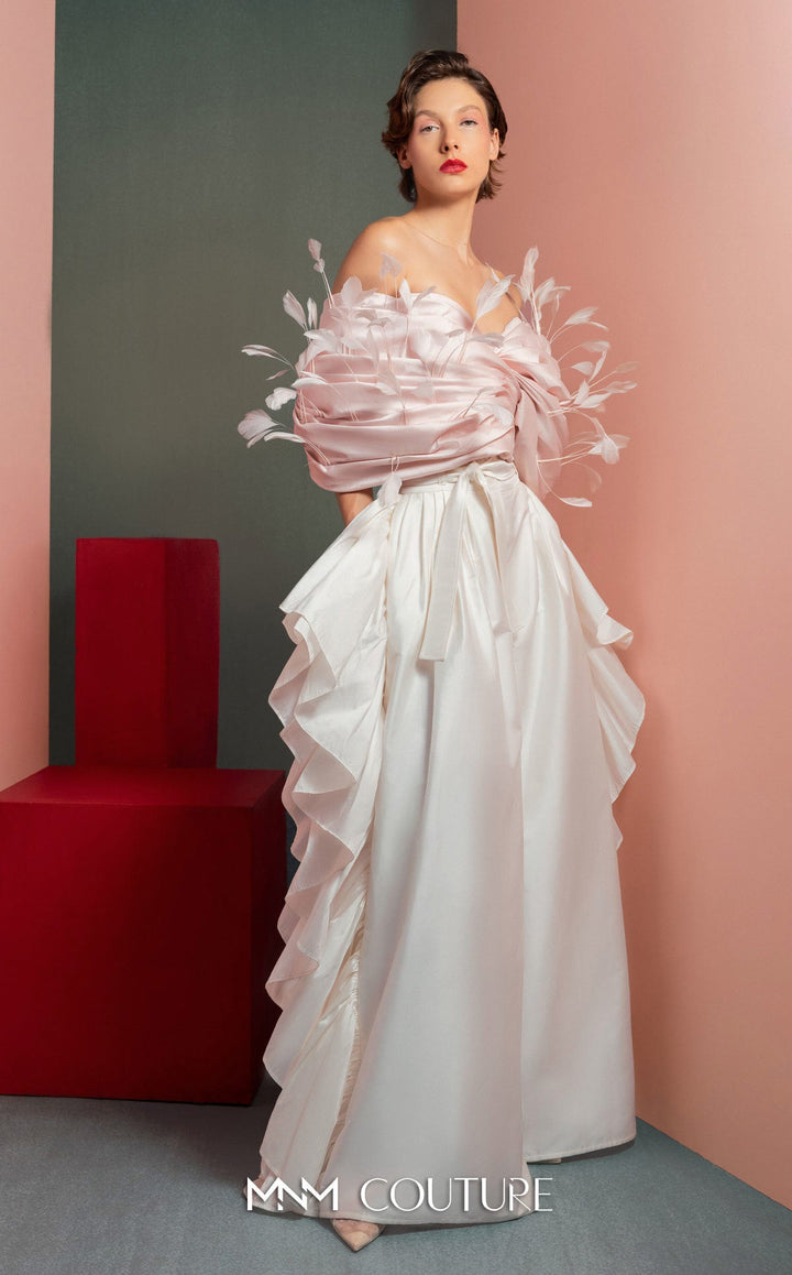 Gaby Charbachy GOF2504 off-the-shoulder feather trim draped top with ruffle wide-leg pants front view