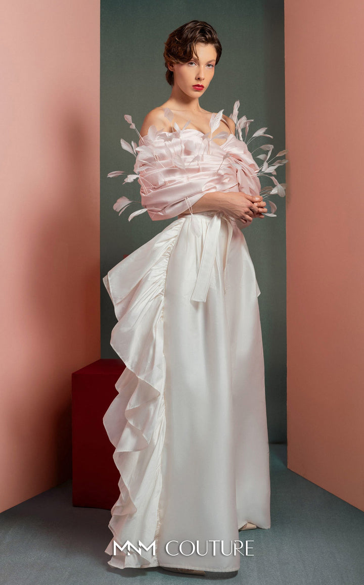 Gaby Charbachy GOF2504 off-the-shoulder feather trim draped top with ruffle wide-leg pants three-quarter view
