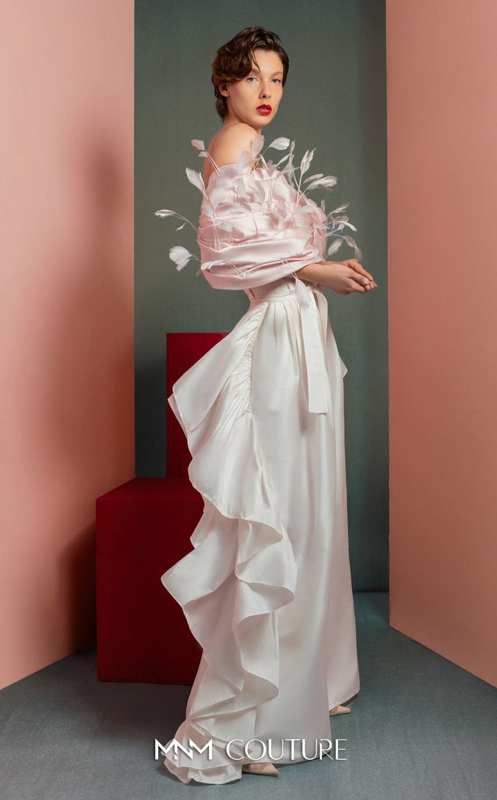 Gaby Charbachy GOF2504 off-the-shoulder feather trim draped top with ruffle wide-leg pants side view