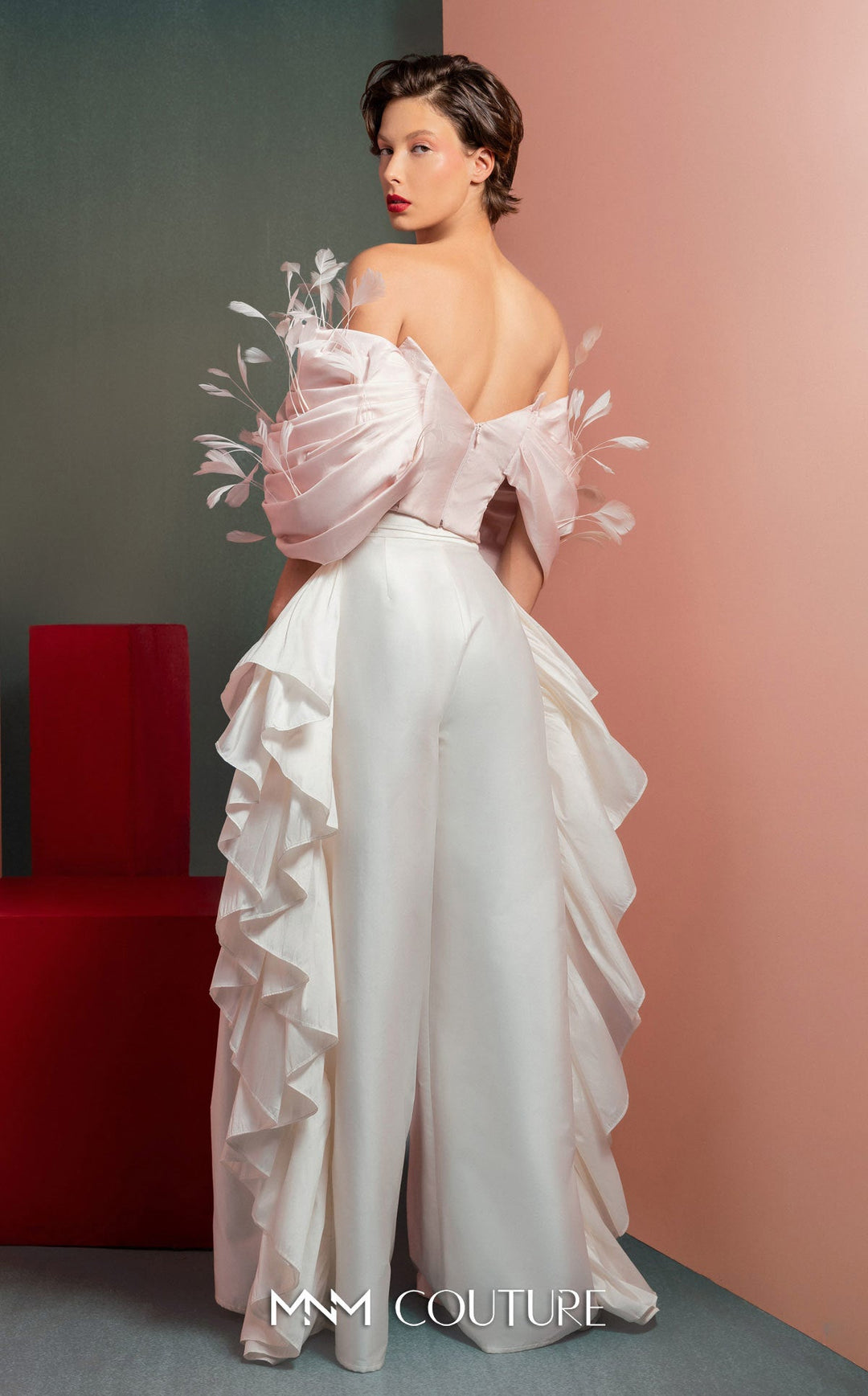 Gaby Charbachy GOF2504 off-the-shoulder feather trim draped top with ruffle wide-leg pants back view