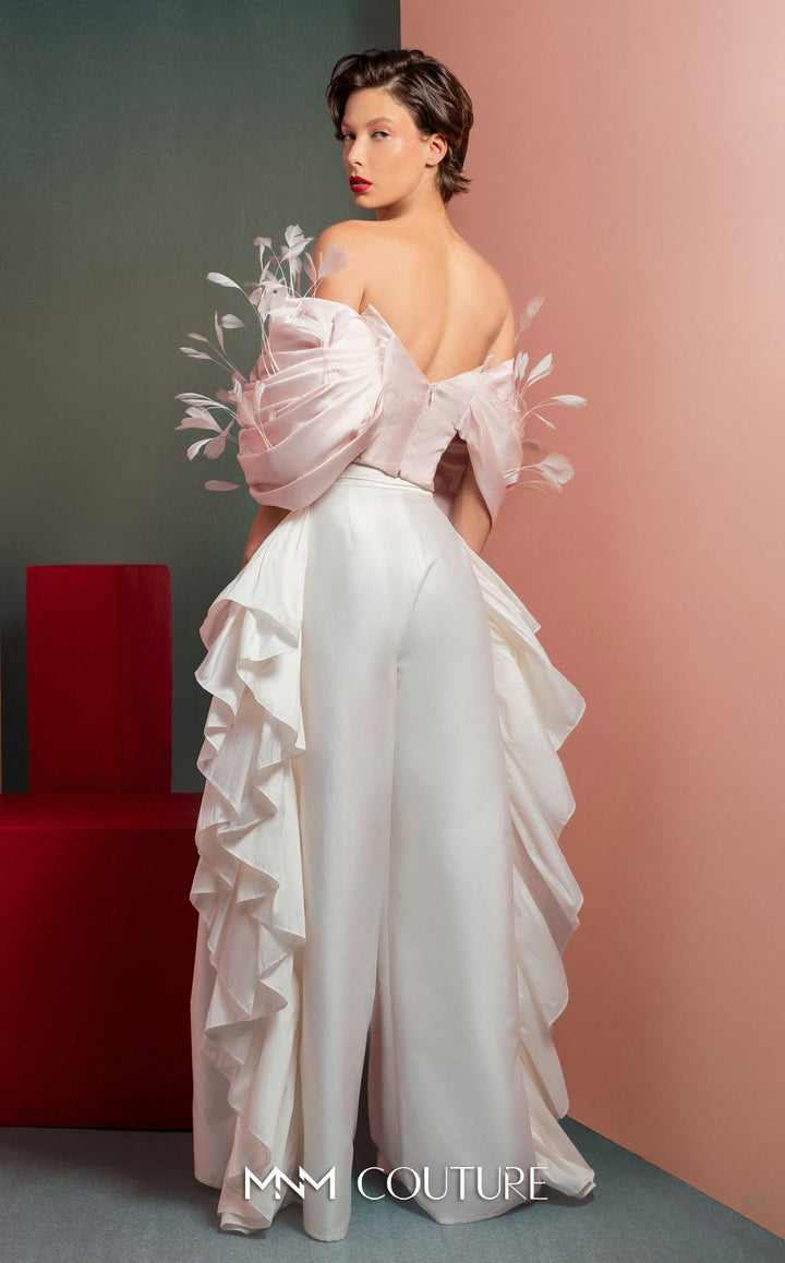 Gaby Charbachy GOF2504 off-the-shoulder feather trim draped top with ruffle wide-leg pants back view