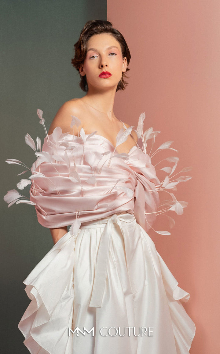 Gaby Charbachy GOF2504 off-the-shoulder feather trim draped top with ruffle wide-leg pants bodice detail