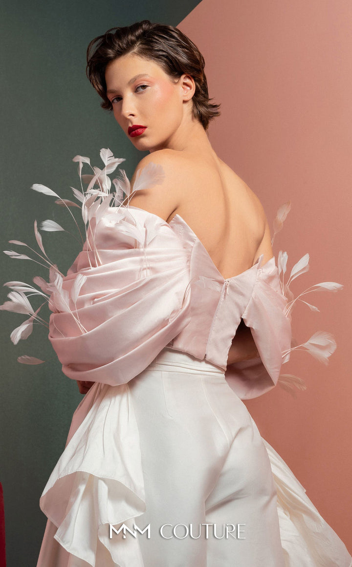 Gaby Charbachy GOF2504 off-the-shoulder feather trim draped top with ruffle wide-leg pants back detail