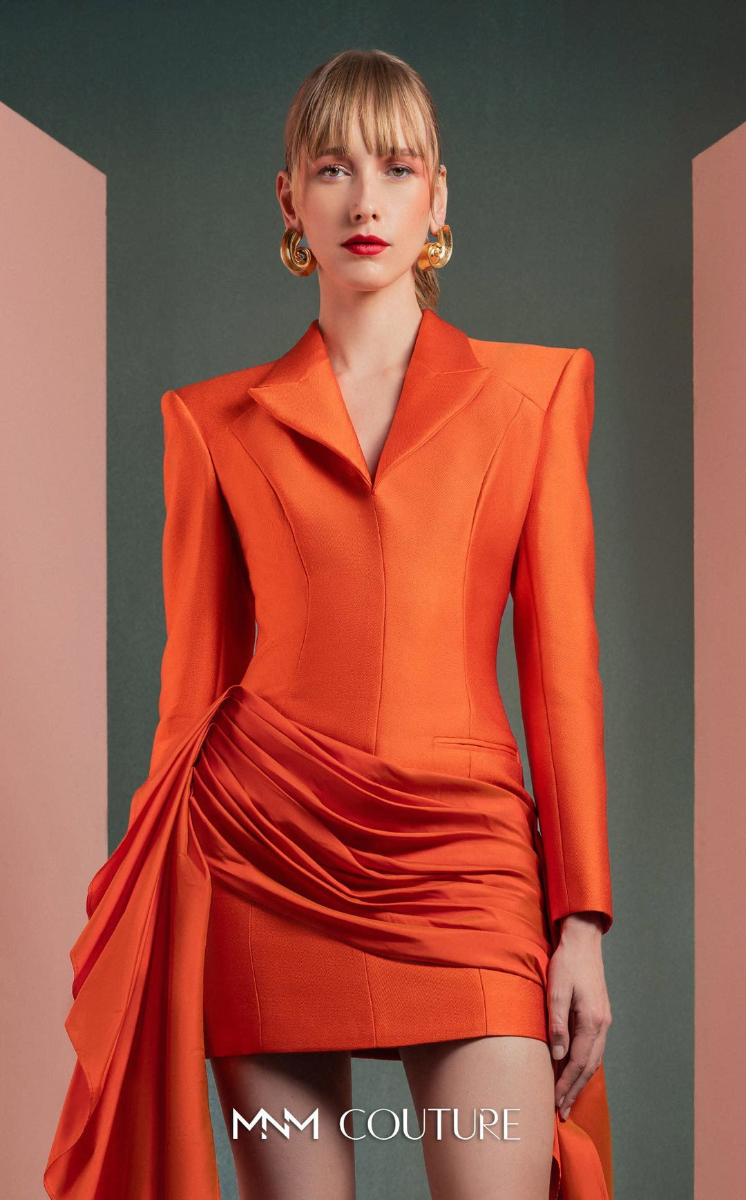 Gaby Charbachy GOF2507 tailored blazer mini dress with cascade train bodice detail