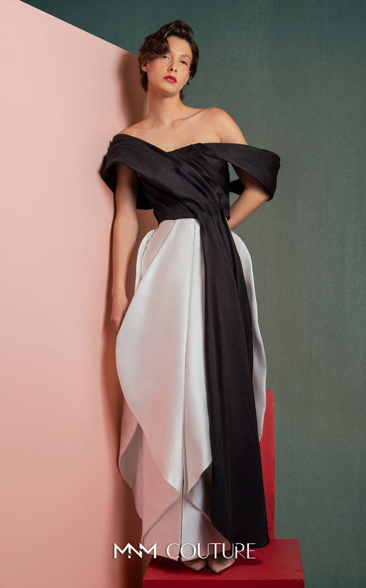 Gaby Charbachy GOF2508 off-the-shoulder contrast drape dress with balloon skirt three-quarter view