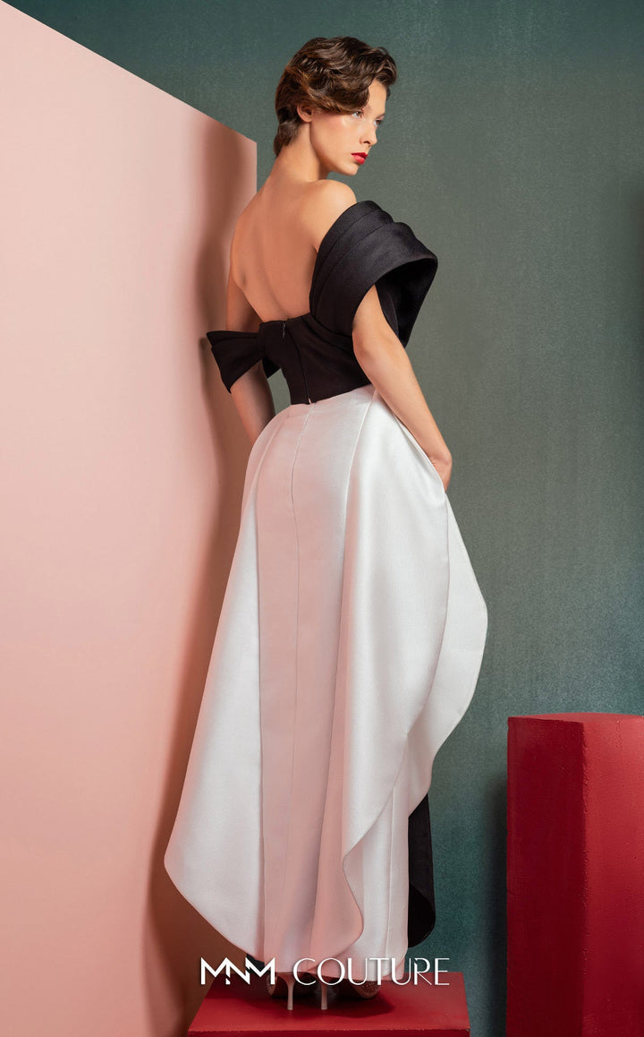 Gaby Charbachy GOF2508 off-the-shoulder contrast drape dress with balloon skirt side back view
