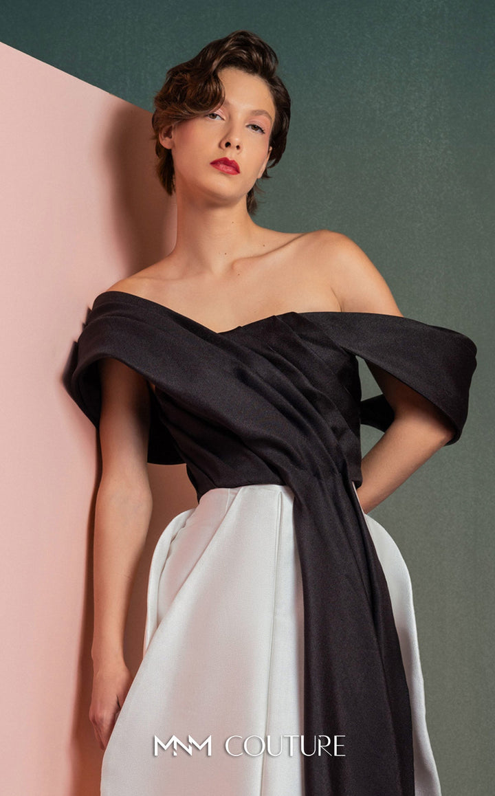 Gaby Charbachy GOF2508 off-the-shoulder contrast drape dress with balloon skirt bodice detail