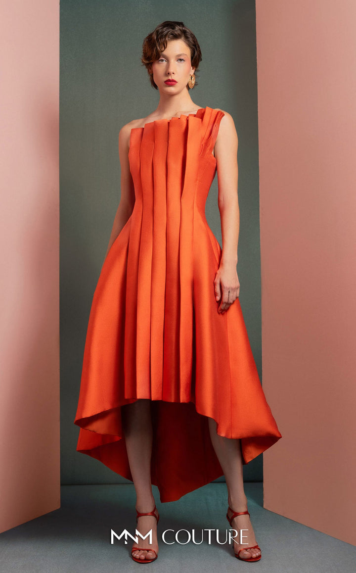 Gaby Charbachy GOF2510 strapless pleated dress with front flaps and high-low skirt front view