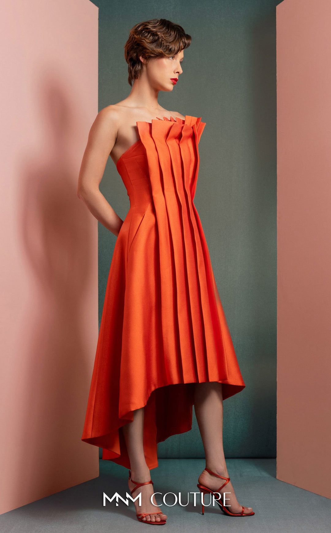 Gaby Charbachy GOF2510 strapless pleated dress with front flaps and high-low skirt three-quarter view