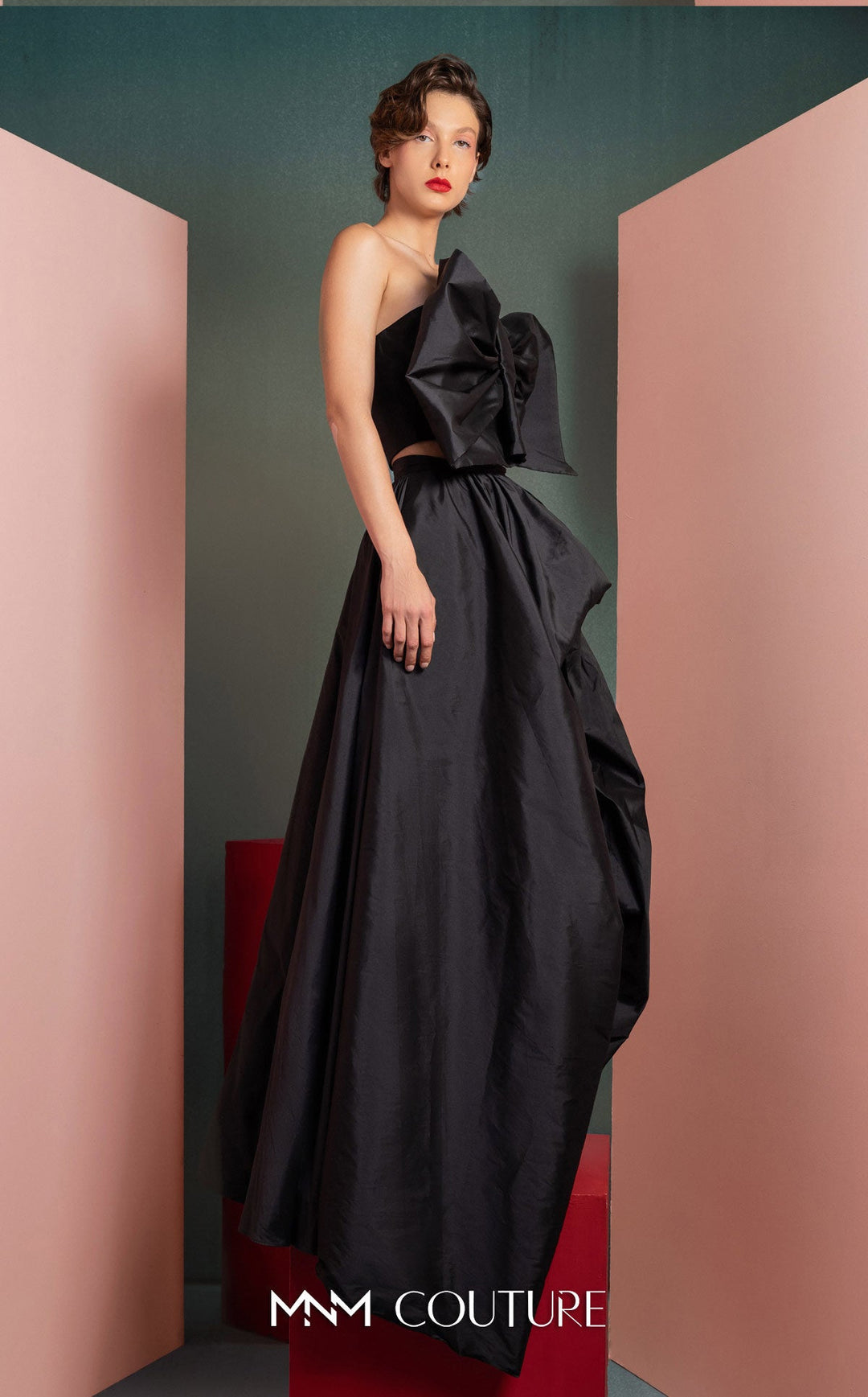 Gaby Charbachy GOF2511 strapless oversized bow bodice gown with high slit side back view