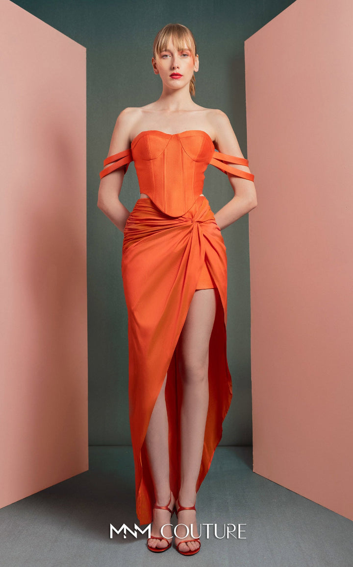 Gaby Charbachy GOF2513 off-shoulder strap corset gown with draped wrap skirt front view
