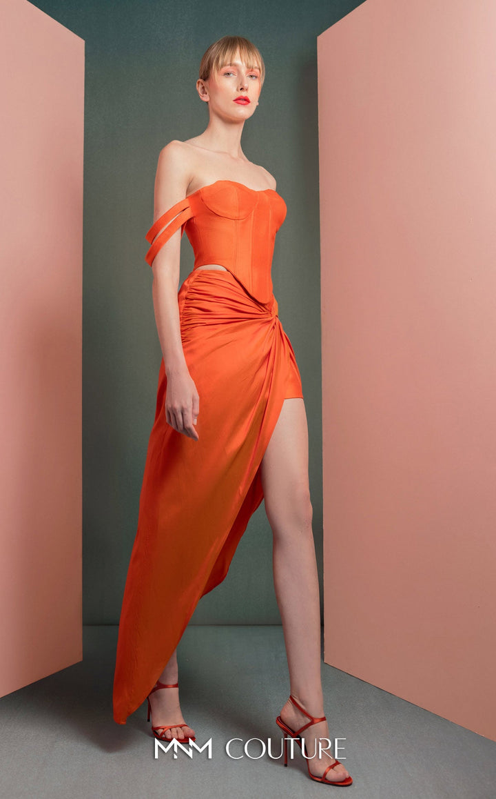Gaby Charbachy GOF2513 off-shoulder strap corset gown with draped wrap skirt side view