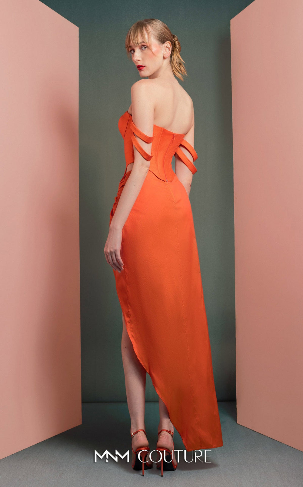 Gaby Charbachy GOF2513 off-shoulder strap corset gown with draped wrap skirt back view