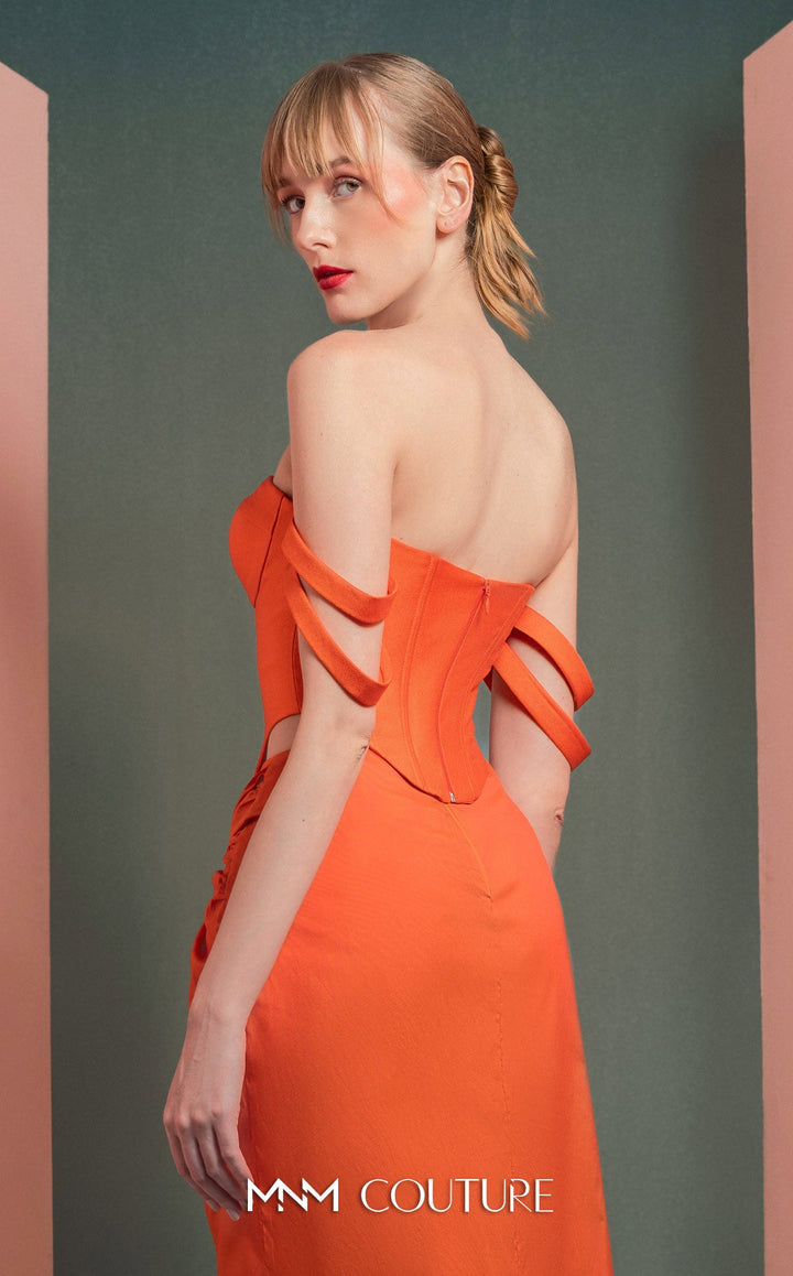 Gaby Charbachy GOF2513 off-shoulder strap corset gown with draped wrap skirt back detail