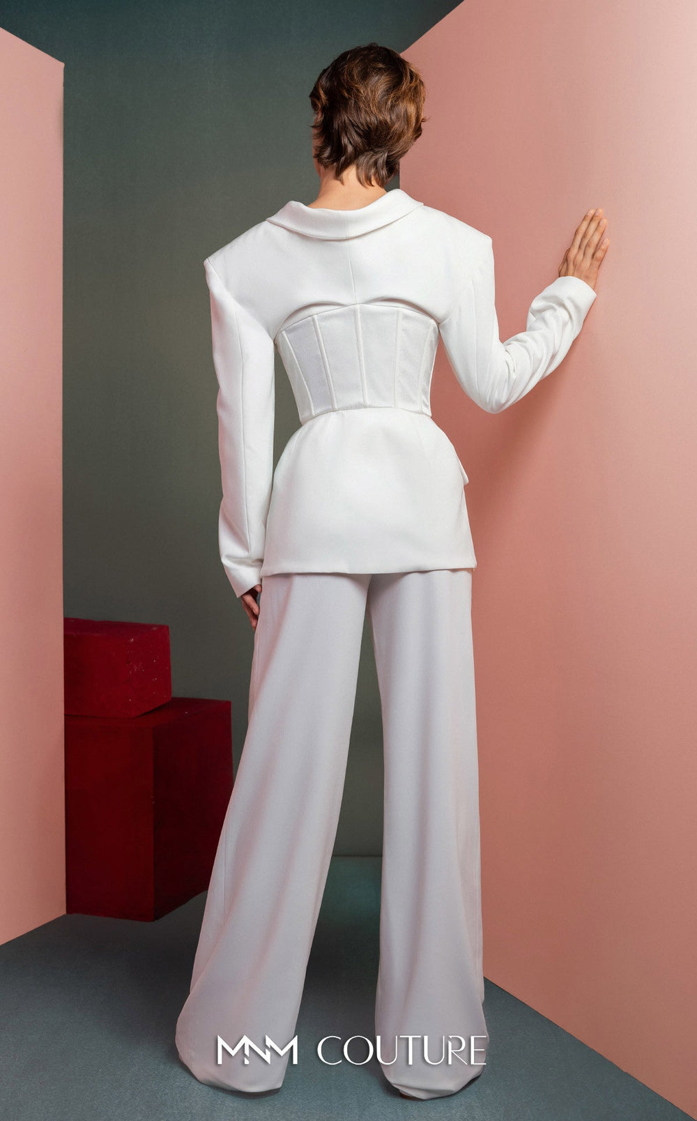 Gaby Charbachy GOF2514 corset waist blazer and wide-leg pant set back view