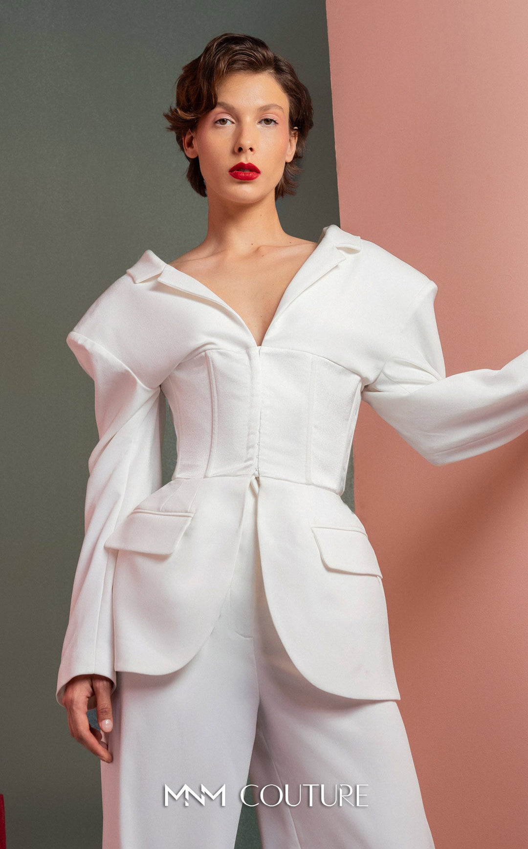 Gaby Charbachy GOF2514 corset waist blazer and wide-leg pant set top detail
