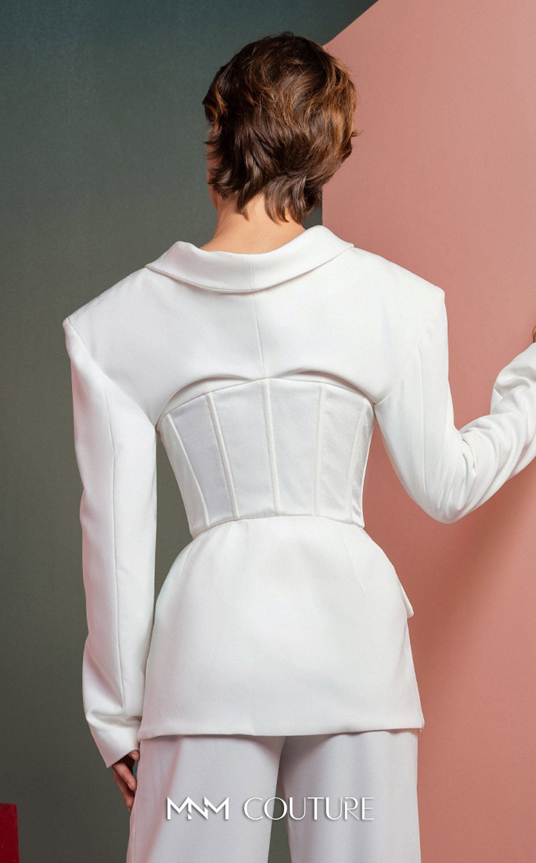 Gaby Charbachy GOF2514 corset waist blazer and wide-leg pant set back detail