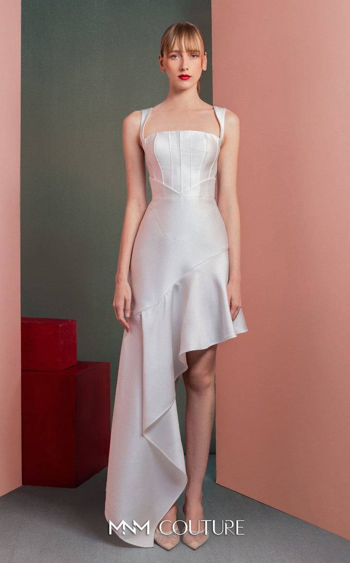 Gaby Charbachy GOF2517 square neck corset dress with asymmetric ruffle extension front view