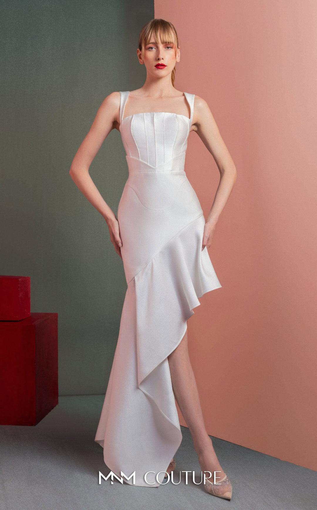 Gaby Charbachy GOF2517 square neck corset dress with asymmetric ruffle extension three-quarter view