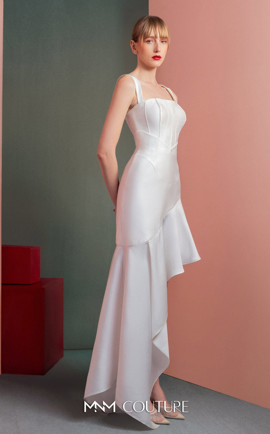 Gaby Charbachy GOF2517 square neck corset dress with asymmetric ruffle extension side view